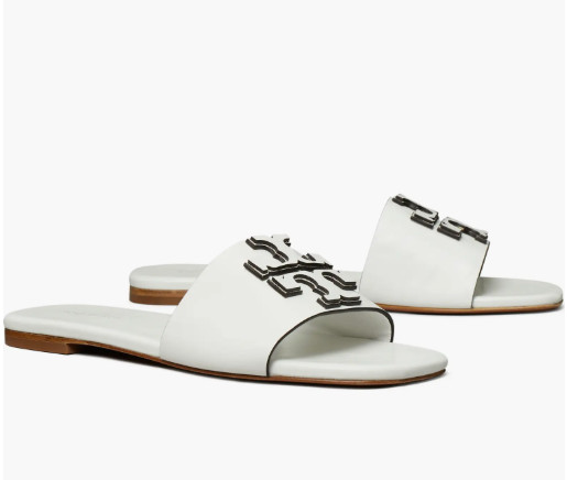 Tory Burch Ines Flat Slide Sandals Goat Leather Gardenia/Tan - NEW