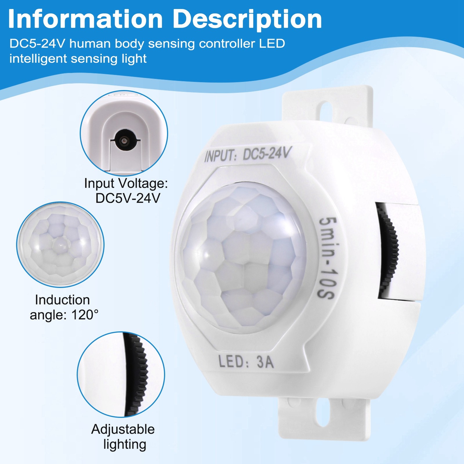PIR Infrared Motion Sensor Detector DC5-24V Auto on Off Timer  Home LED7778
