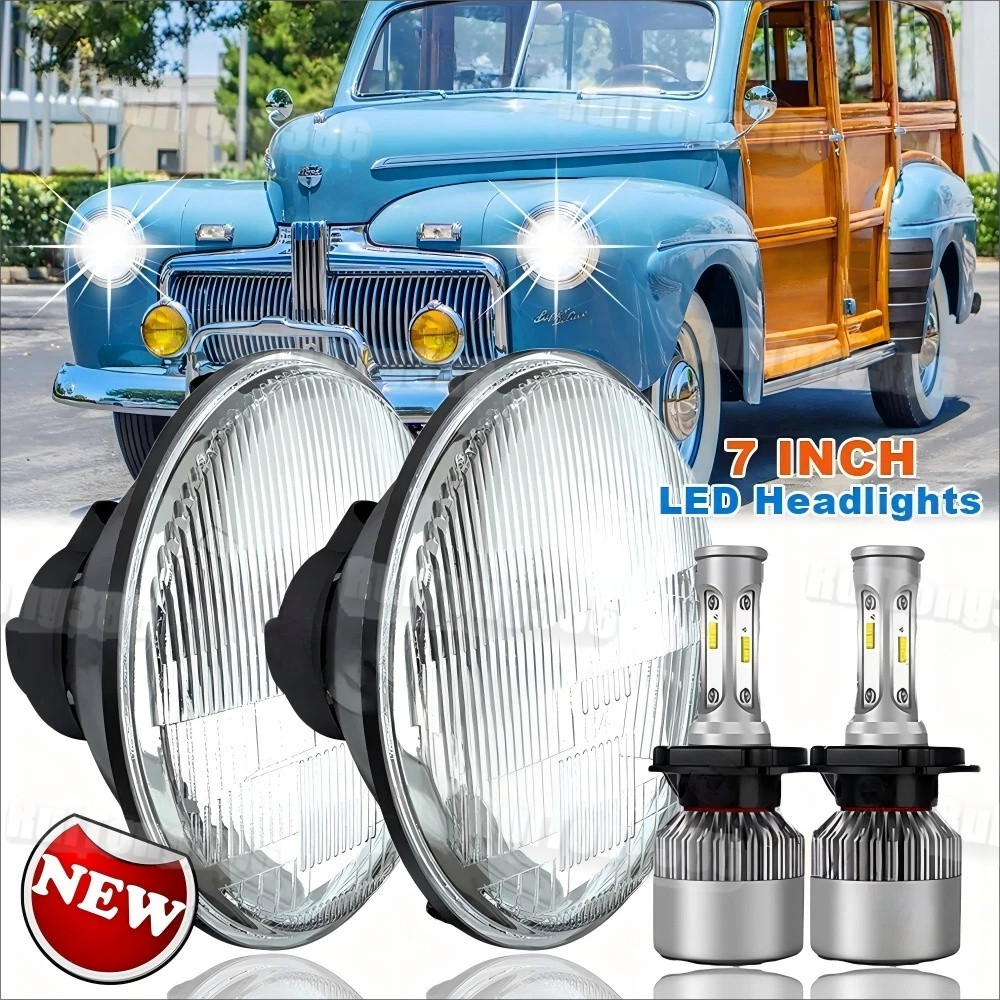 Pair for Ford Deluxe 1939-1951 7" Inch Round LED Headlights Lamp Housing New