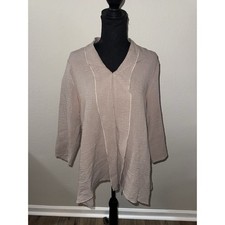 Yushi Lagenlook Tunic Top Medium M Taupe Crinkle Gauze Raw Edge Made in USA