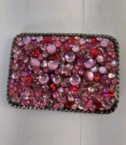 Vintage Rhinestone Belt Buckle Bedazzled Pink Resin Clear 3" x 2"
