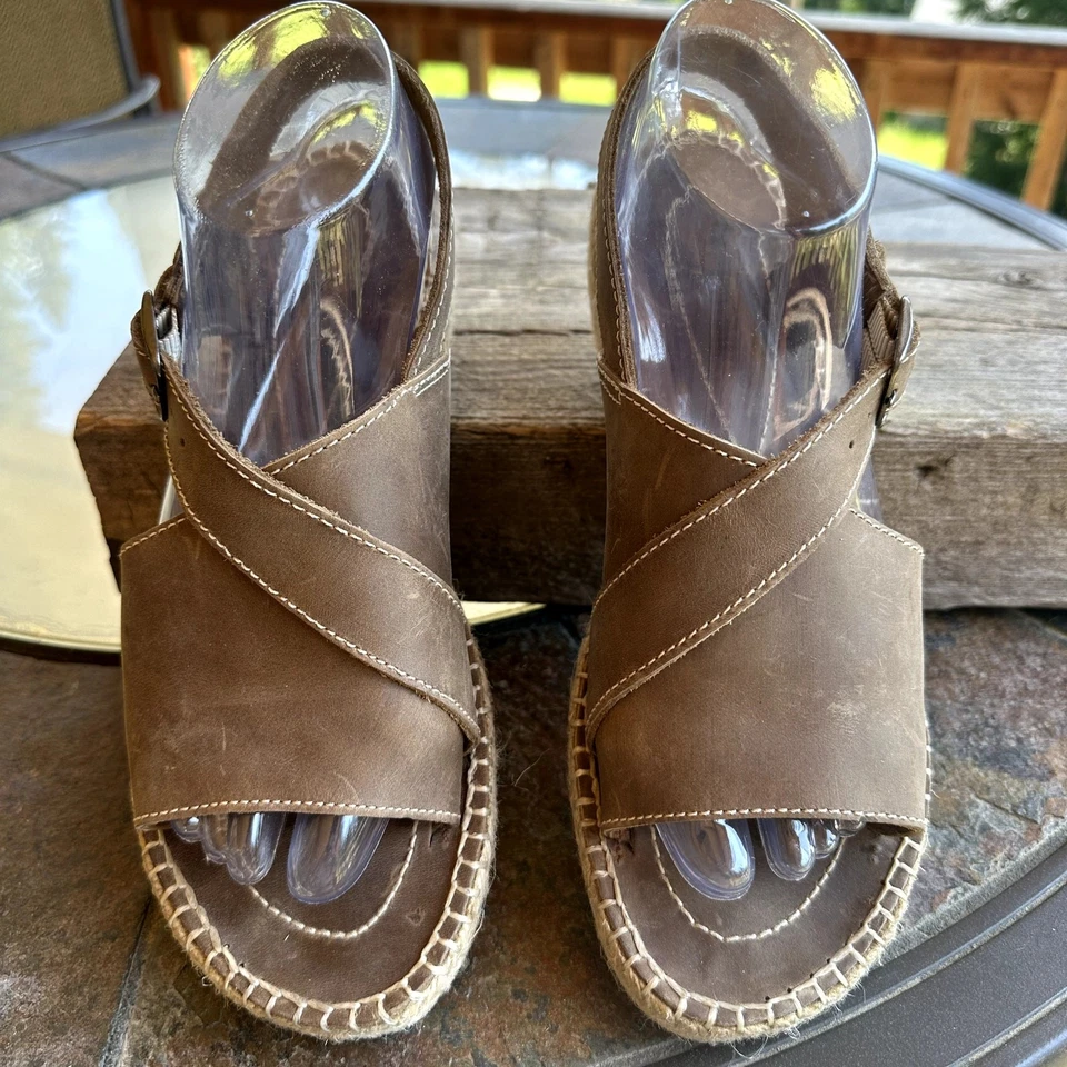 LL Bean Espadrille Chunky Platform Boho Sandals SZ 8.5 Leather Jute Wedge Spain - Image 2 of 4