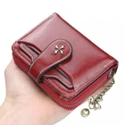 Women Small Leather Wallet Compact Bifold Mini Zipper Purse with Clear ID Window