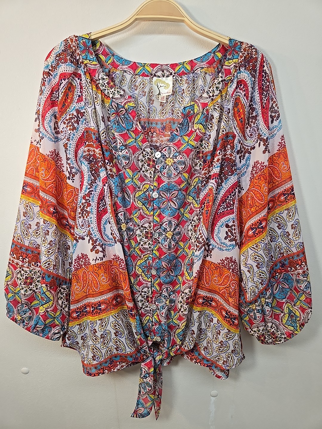 Fig And Flower Button Down Boho Top Blouse Sz XL Tie Front 3/4 Sleeve Sami Sheer