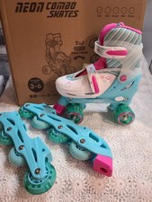 NEON 2-in-1 Kids Teal Combo Skates with Light-up Wheels Size:3-6 New