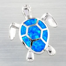 Green Sea Turtle Ocean Blue Fire Opal Silver Jewelry Necklace Pendant