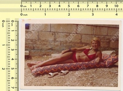 Red Bikini Woman Laying on Floating Mattress Smiling Sunbathing vintage photo