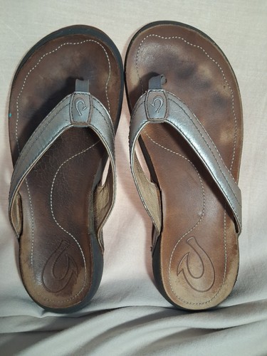 OluKai Kumu Men's Size 7 Brown Leather Flip Flop Sandals Comfort Beach 01788