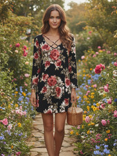 Jodifl M Dress Womens Black Floral Knit Strappy Shift Boho Cottage Coastal Comfy