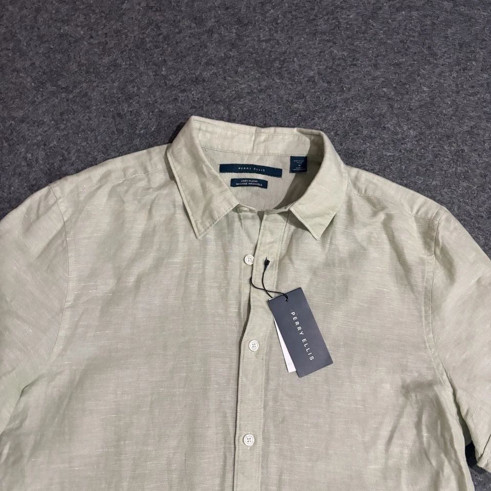 Perry Ellis Button Shirt Mens Medium Linen Blend Short Sleeve Green - Image 3 of 4