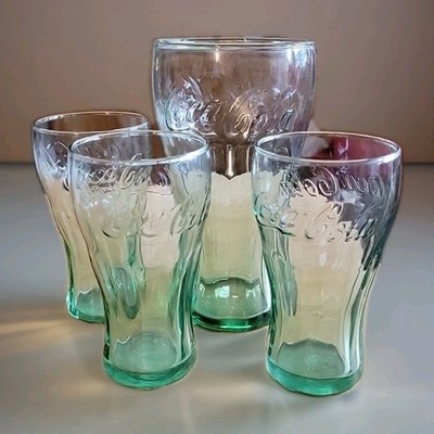 Set of 3 Mini Coca Cola Glasses Green Tint Coke 3.125'' Tall and one 6'' Tall