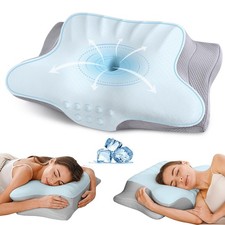 Cervical Neck Pillow for Pain Relief - Ergonomic Memory Foam Blue  Grey