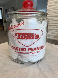 Tom's Toasted Peanuts Glass Display Jar w/ Lid; Retro Store Advertising. Pretty