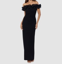 Xscape Womens Black Floral Appliqué Ruffled Off-Shoulder Dress Petite Size 14P