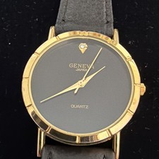 Geneva Diamond Quartz Watch Gold Tone Black Dial Leather Band Needs Battery
