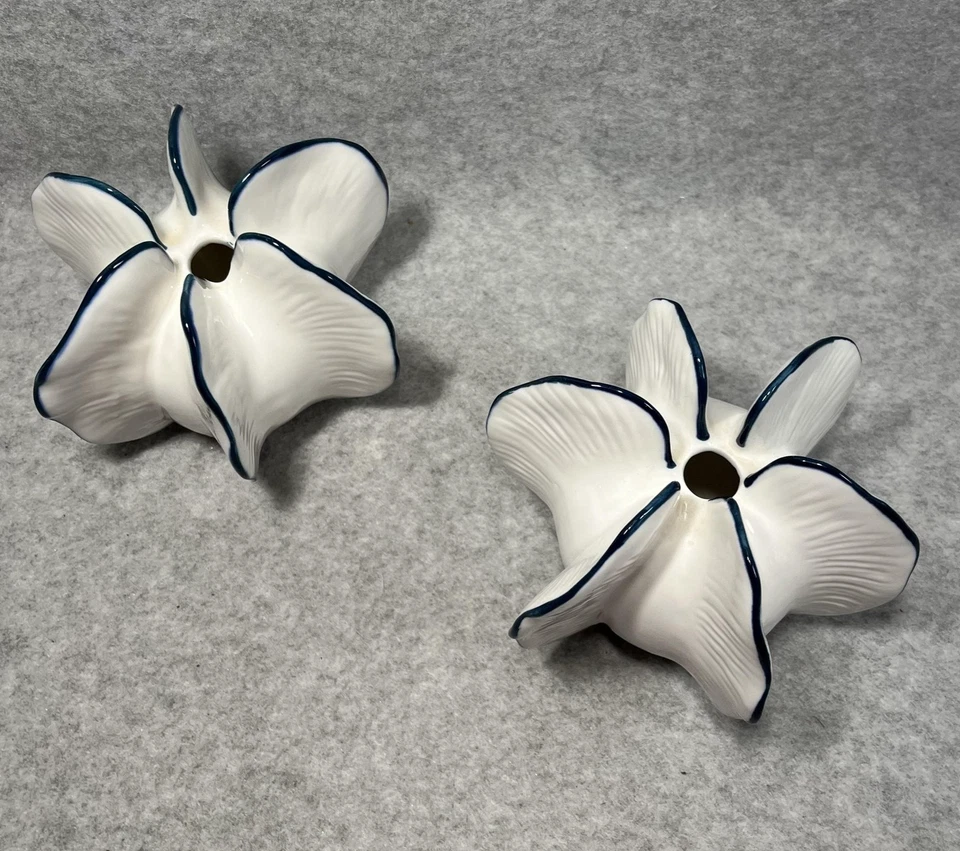 Carambola Shape Star Fruit Bud Vases White Blue Rim Edge Set of 2 Coastal 4 inch - Image 3 of 4