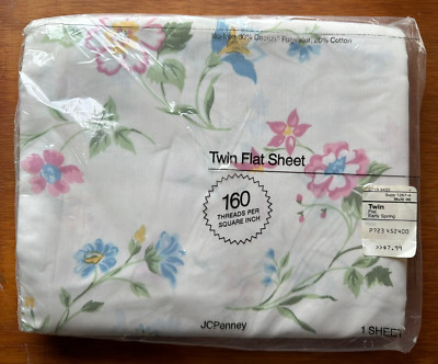 Vintage JCPenney Twin Flat Sheet Early Spring Floral Pink Blue Green Cotton Poly