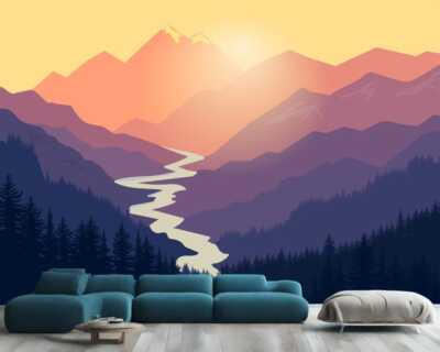Purple Mountain outdoor graphic Wallpaper Mural Removeable Washable Peel & Stick