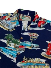 Paradise Found Hawaiian Shirt M Medium Mens Starlite Drive in Dinner Cars Vtg