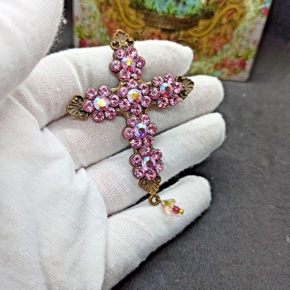 Michal Negrin Cross Brooch Large Pink Flowers With Swarovski