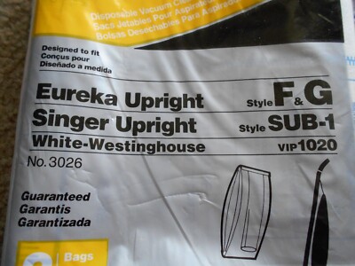 (3) HomeCare VAC BAGS EUREKA Singer UPRIGHT Style F & G VACUUM VIP1020 no3026