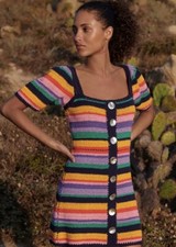 Anthropologie Farm Rio Renata Crochet Mini Dress Colorful Striped Puffy Sleeve