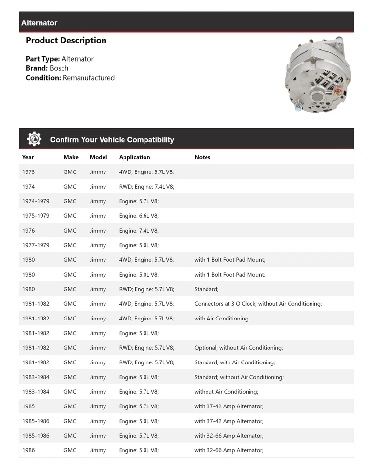 For 1973-1986 GMC Jimmy Bosch Alternator (Remanufactured) 1974 1975 1976 1977 - Image 2 of 4