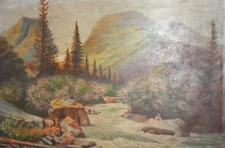 Antique impressionsit mountainl river landscape oil painting signed