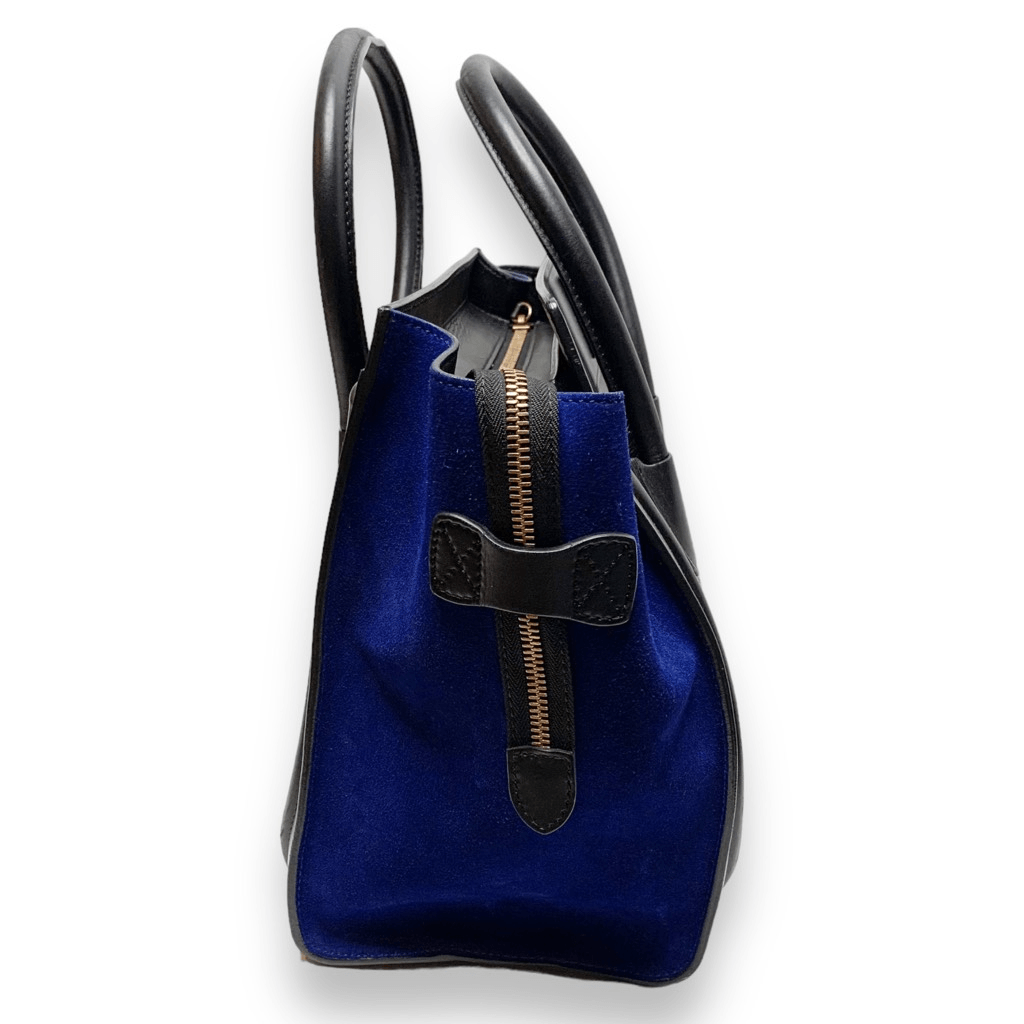 CELINE Tri-Color, Tan Calfskin Leather, Blue Suede, Black Trim