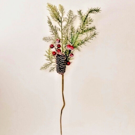 Iced Cranberries Pine Cone Sprig Branch Pick Long Christmas Spray Decor Holly