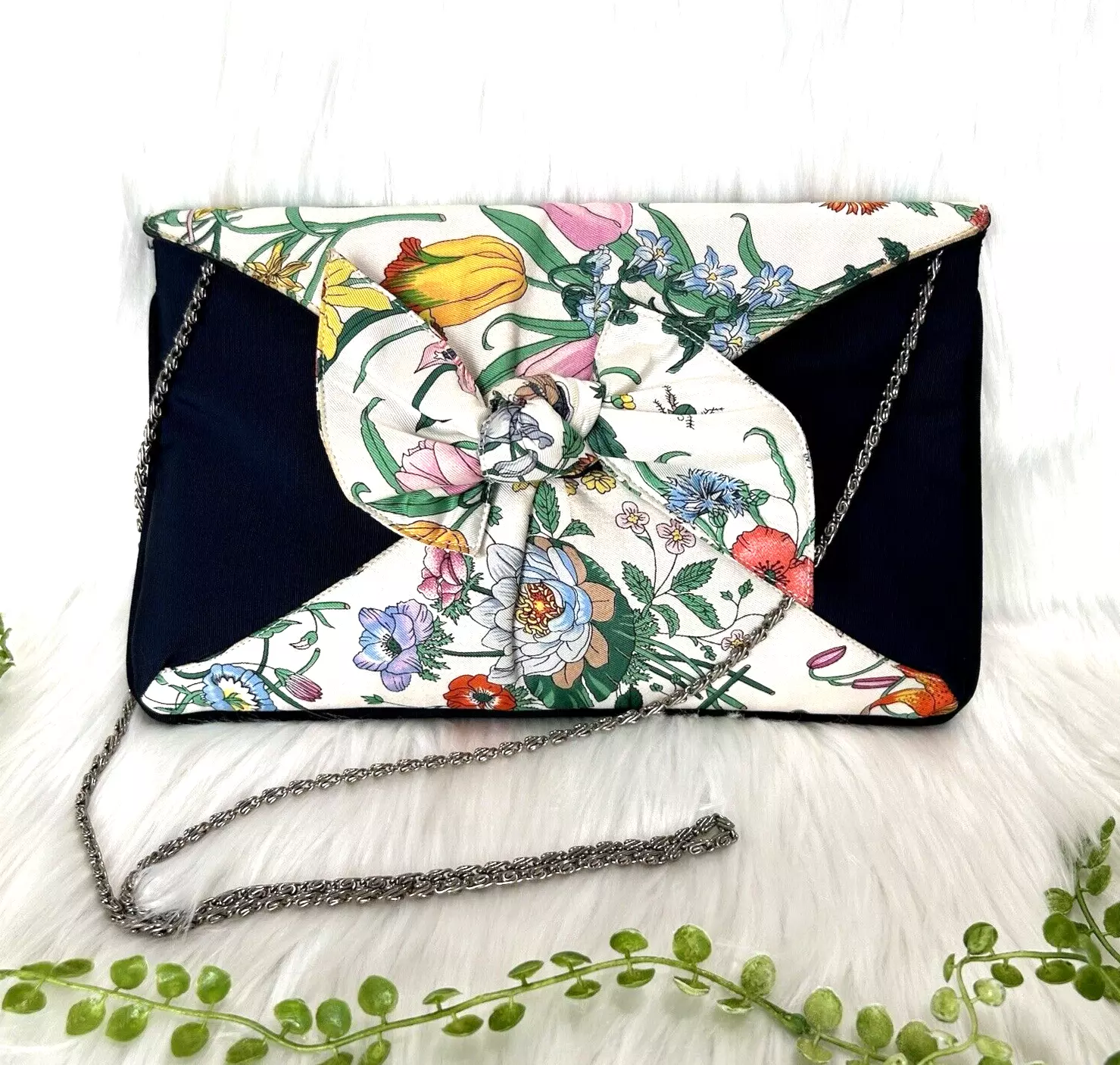 Sac à main bandoulière vintage GUCCI Flora chaîne toile marine années 80 *Rare !*