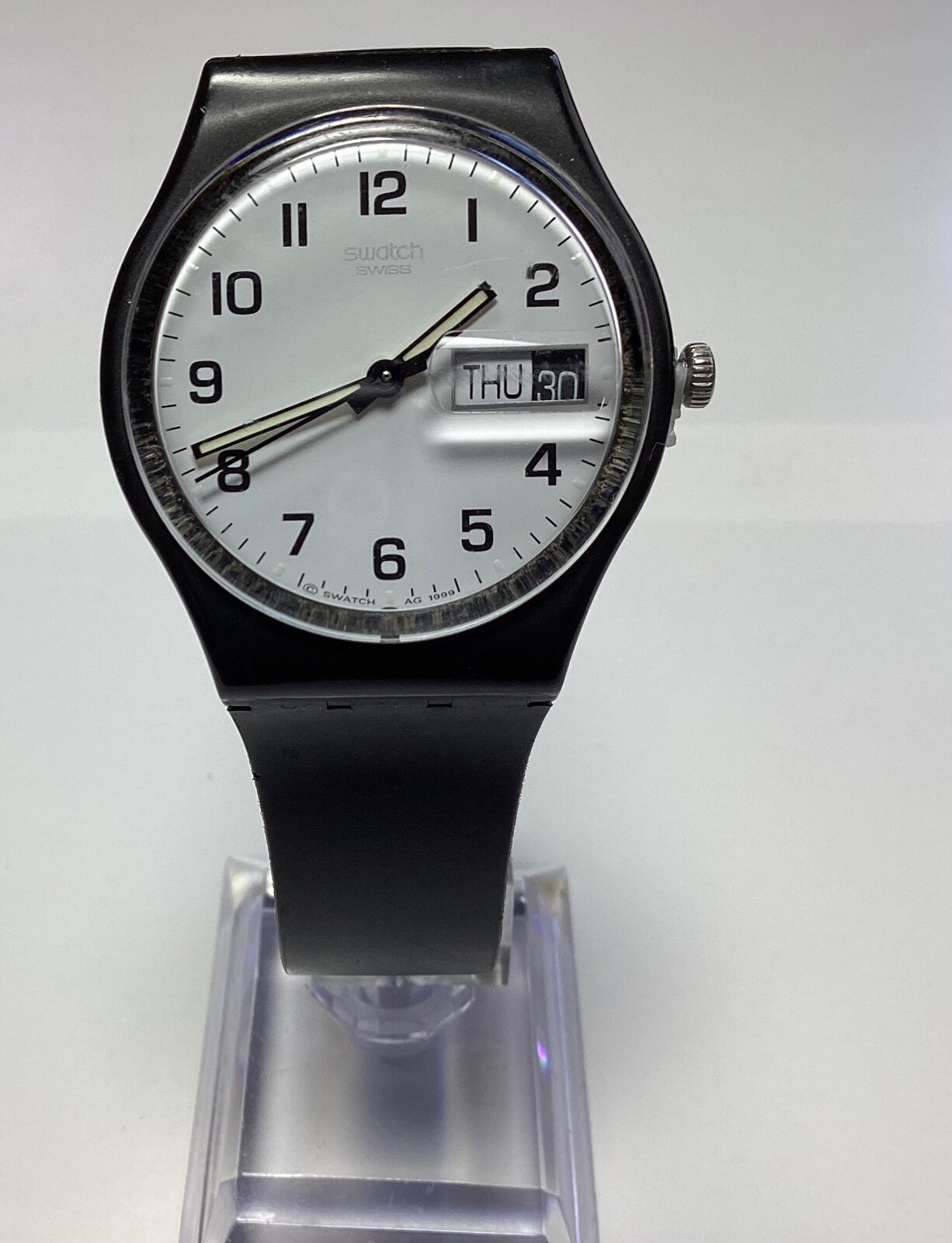 Swatch Classic Black Swiss Day Date Watch with Magnifier Fresh Battery