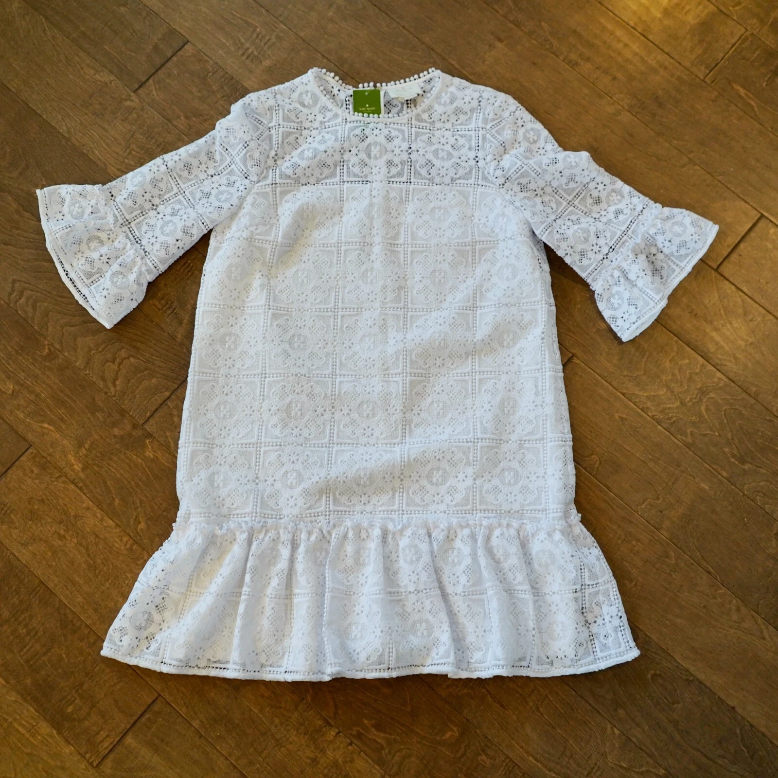 Abito Kate Spade Occhiellato Pizzo Cambio Spice Things Up Mini Bianco Svolazzante Tg 14 Nuovo con etichette