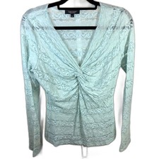 Y2K Babydoll Womens Sheer Lace Top XL Coquette Fairy Layer V neck Seafoam Blue