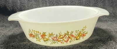 Vintage Anchor Hocking Quart Casserole Baking Dish Vegetable Harvest Milk Glass