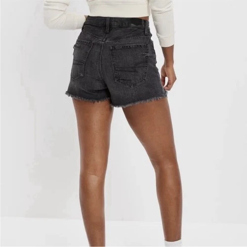 American Eagle Highest Rise 90s Boyfriend Shorts Black Frayed Hem 16
