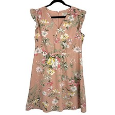 Loft Ruffle Sleeveless Sheath Dress Size Large Peach Floral Chiffon v Neck