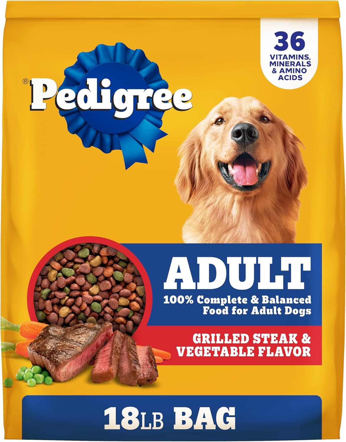 Pedigree Adult Dry Dog Food, Grilled Steak & Vegetable Flavor, 18 lb Bag