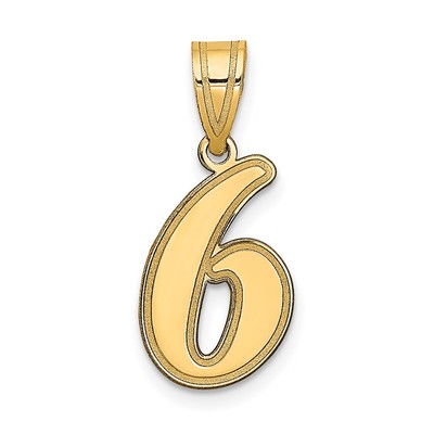 14k Yellow Gold Brushed Border Script Number 6 Pendant 0.7gm L-0.68 Inch
