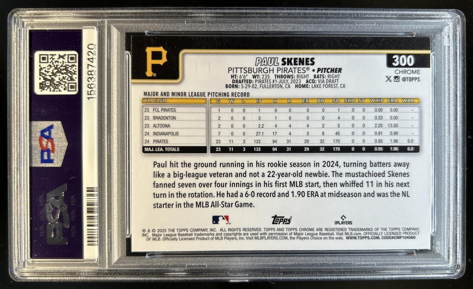 2025 Topps Chrome LogoFractor Paul Skenes Image Variation #300 Pirates PSA 9 view 2