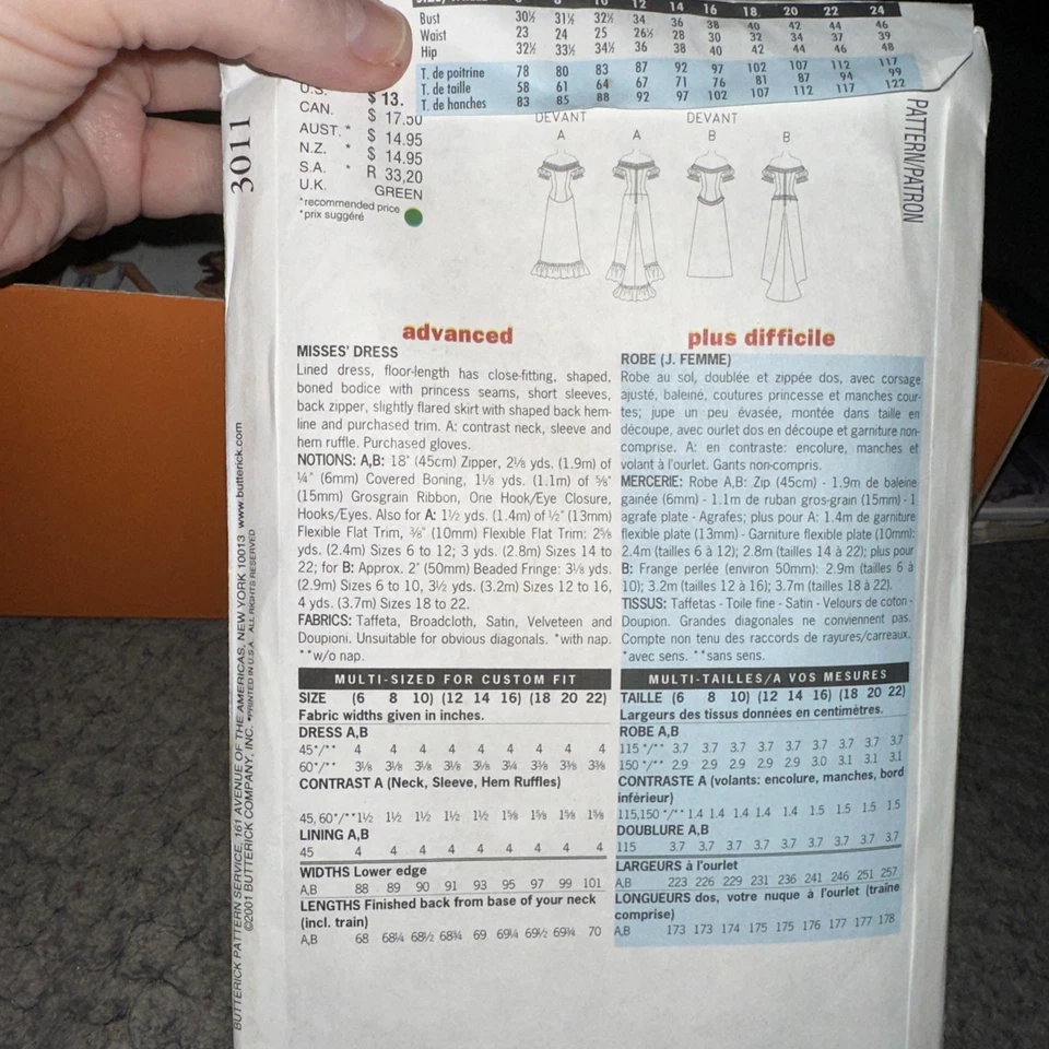 BUTTERICK #3011 - LADIES TWO STYLE EDWARDIAN GOWN w/TRAIN PATTERN  18-22 - Image 2 of 2