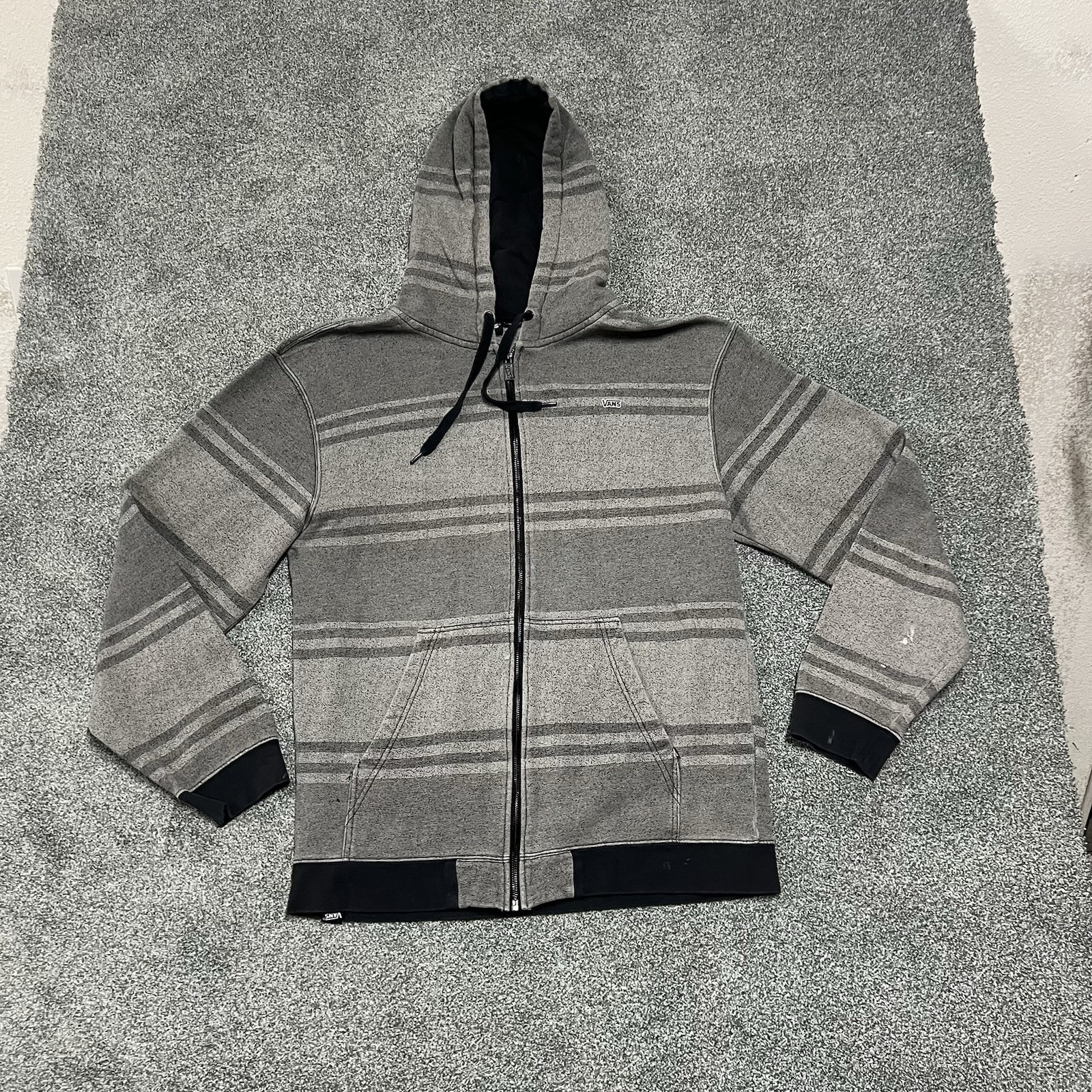 Vans Zip Hoodie Sweatshirt Gray Striped Full Zip Hooded Mens XL