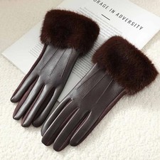 Women Winter PU Leather Gloves Faux Fur Cuff Touch Screen Warm Elegant