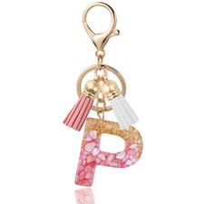 Initial Letter Keychain Cute Resin with Two PU Leather Tassels Lotus Pink P