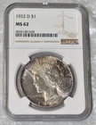 1922 D PEACE 90% SILVER $1 DOLLAR NGC CERTIFIED MS 62 MS62 DENVER USA MINT COIN