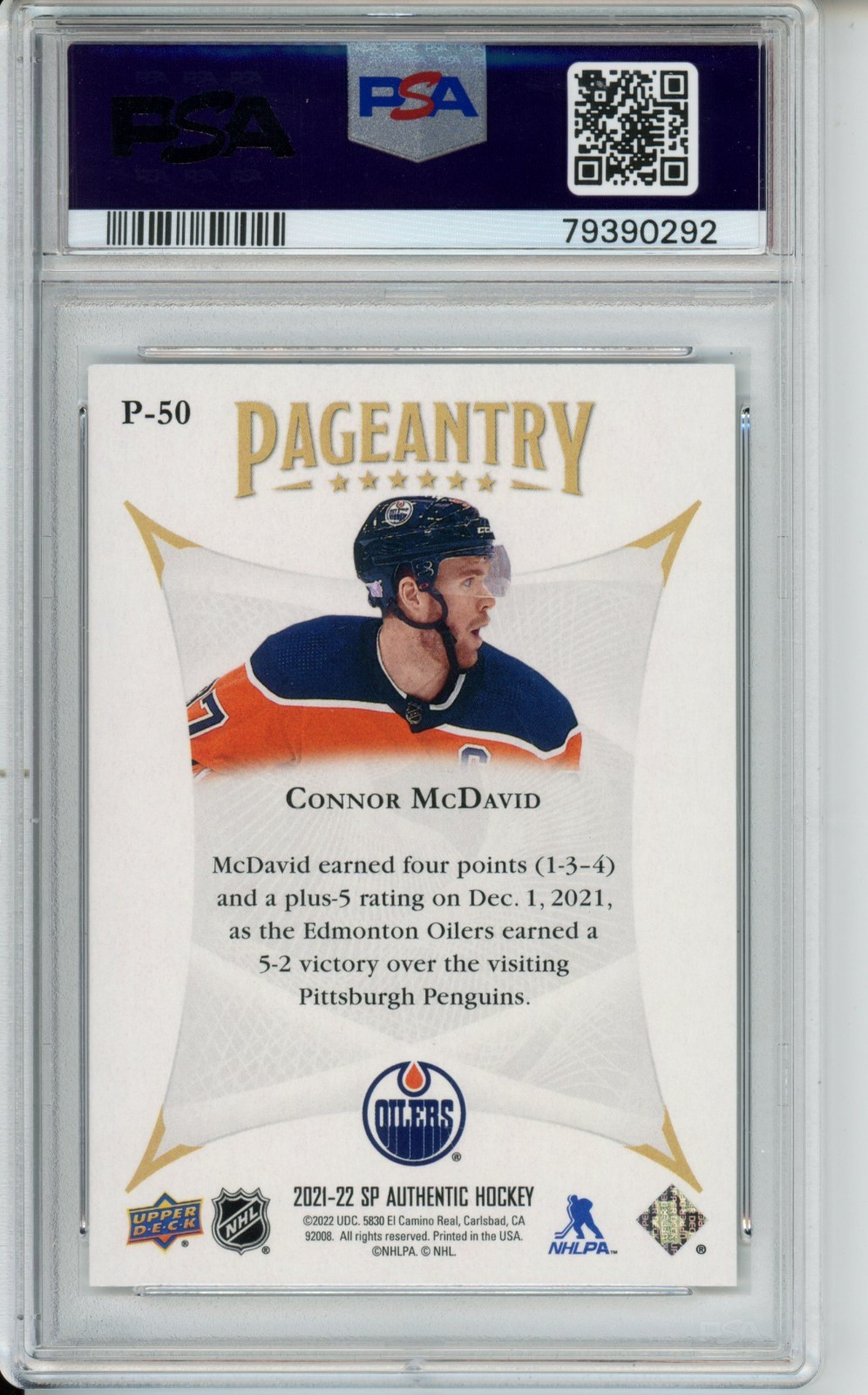 2021-22 SP AUTHENTIC CONNOR McDAVID PAGEANTRY RARE PSA 10 GEM MINT P-50 UD view 2