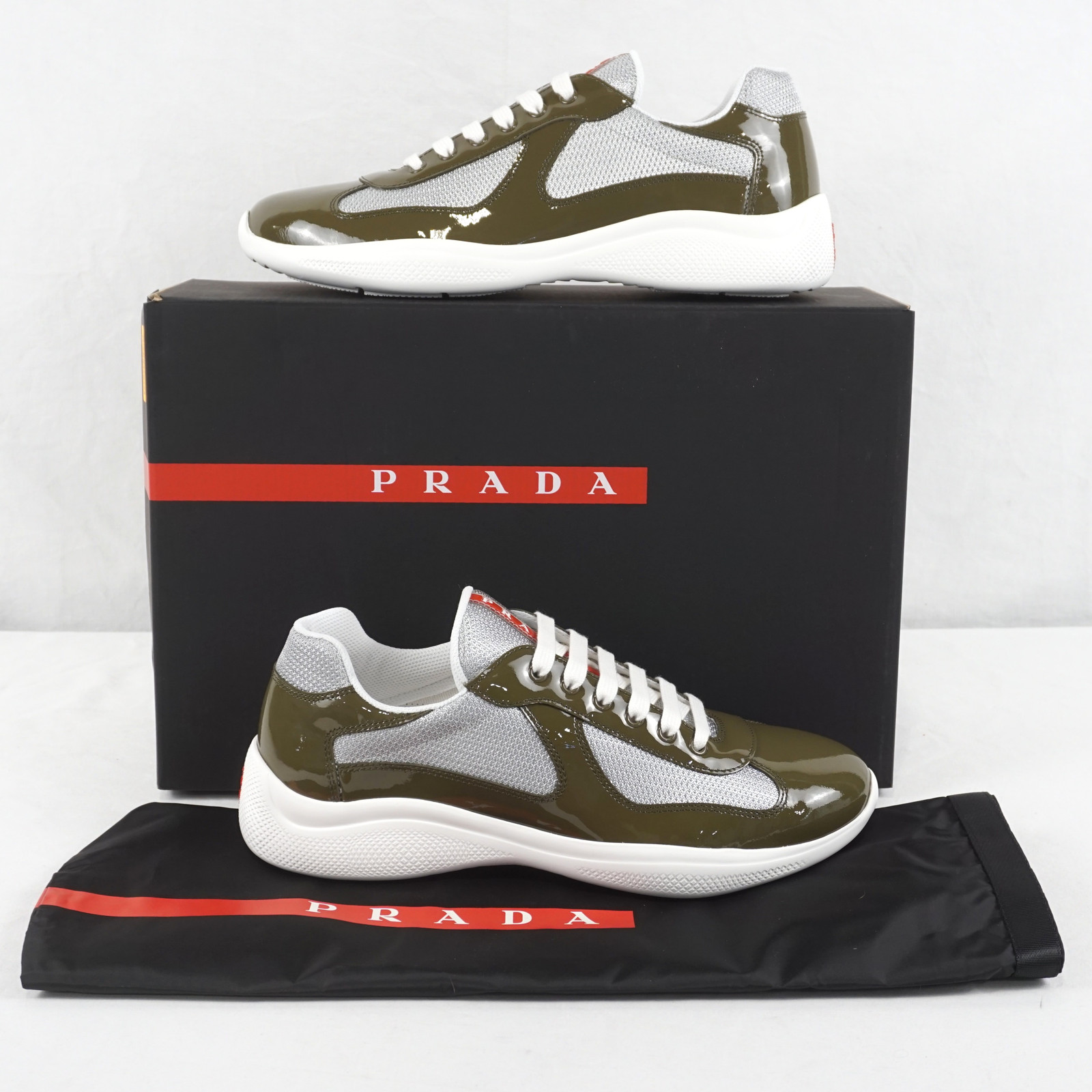 Prada America's Cup Sneakers In Loden Green/Silver - Designer Size 9.5 (4E3400)