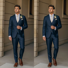 Navy Men's Suits Formal Workwear Business Jacket Tuxedos 3PCS Dinner Party Coat