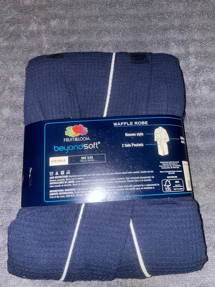 Fruit Of The Loom Beyond Soft Navy 1001KPW 100% Waffle Kimono Polyester Robe - Image 4 of 4