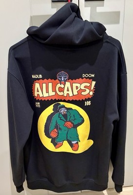 MF Doom Madlib All Caps Black Double Sided Logo HOODIE Size Medium Hip Hop Merch